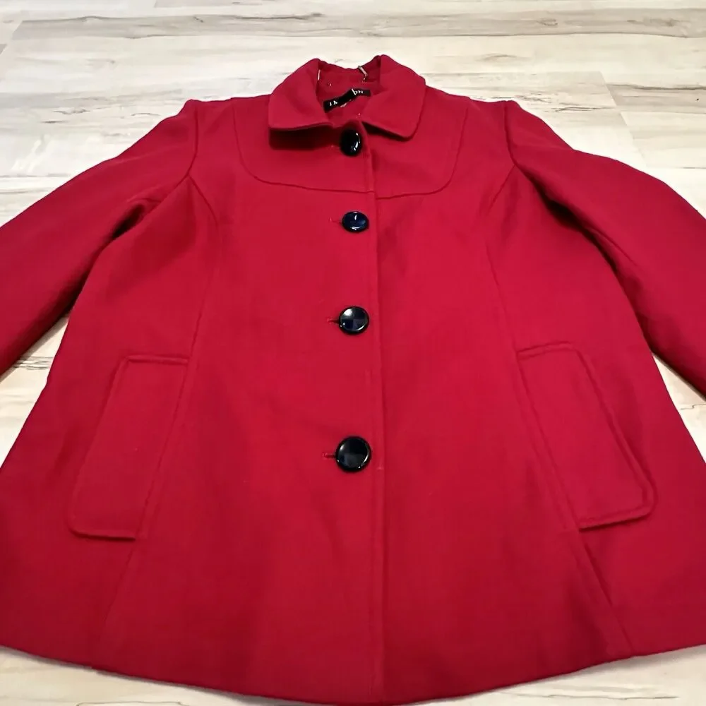 1 Madison‎ Women Large Pea Coat Wool Blend Button Down Red Missing Hood